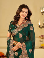 Emerald Green Designer Fendy Satin Saree with Heavy Floral Embroidery Work | Premium Wedding & Party Wear Embroidered Saree with Blouse