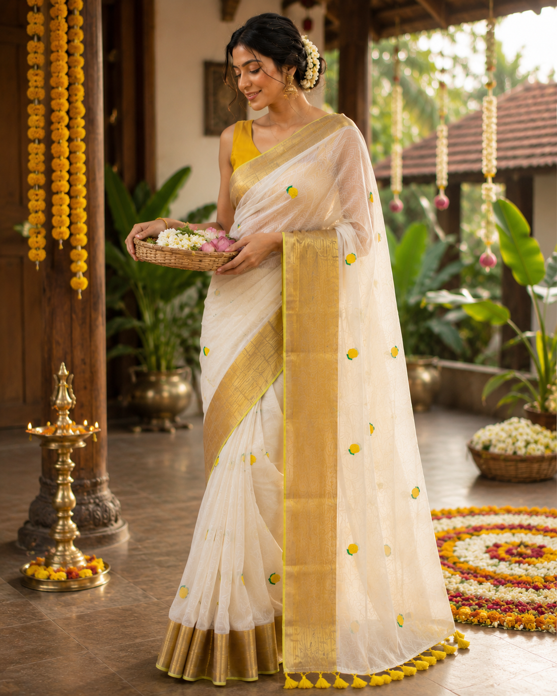 Onam Special White Mul Cotton Saree with Golden Zari Border & Tassels | Traditional Kerala Kasavu Style Saree with Running Blouse