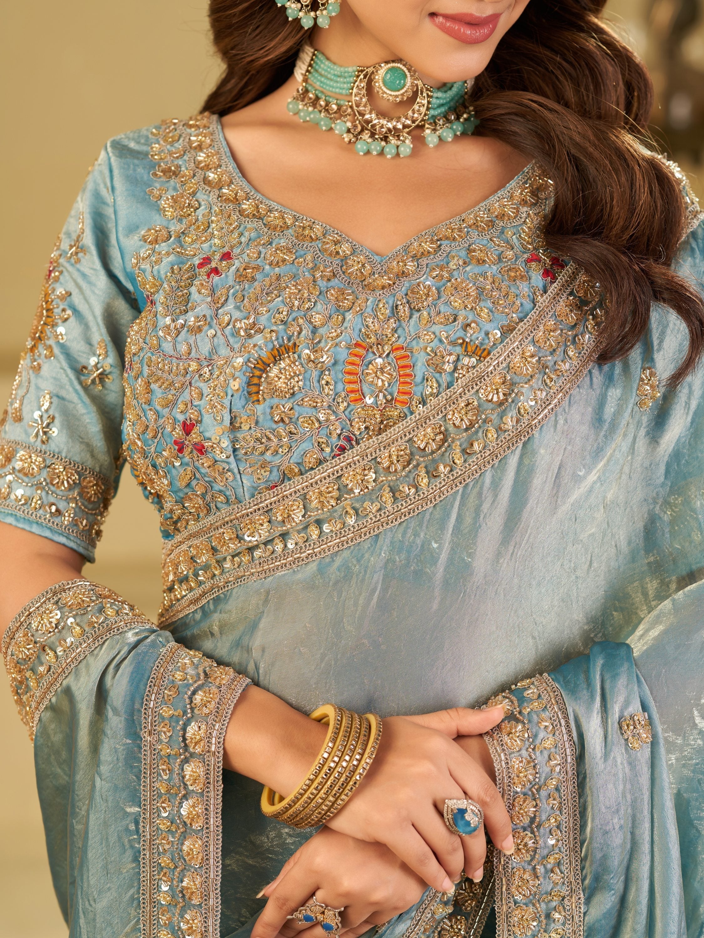 Sky Blue Designer Fendy Satin Saree with Heavy Embroidered Blouse & Stone Work Border | Premium Wedding Party Wear Saree