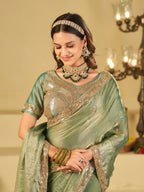 Sage Green Dual Tone Designer Fendy Satin Saree with Heavy Embroidered Blouse & Sequin Border | Premium Wedding Party Wear Saree