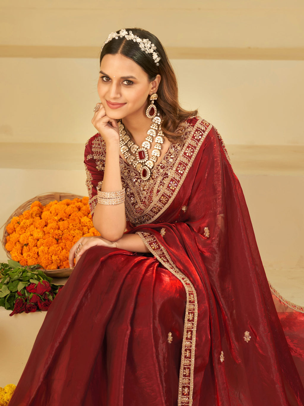 Wine Red Designer Fendy Satin Saree with Heavy Embroidered Blouse & Zari Border | Premium Wedding & Festive Wear Saree