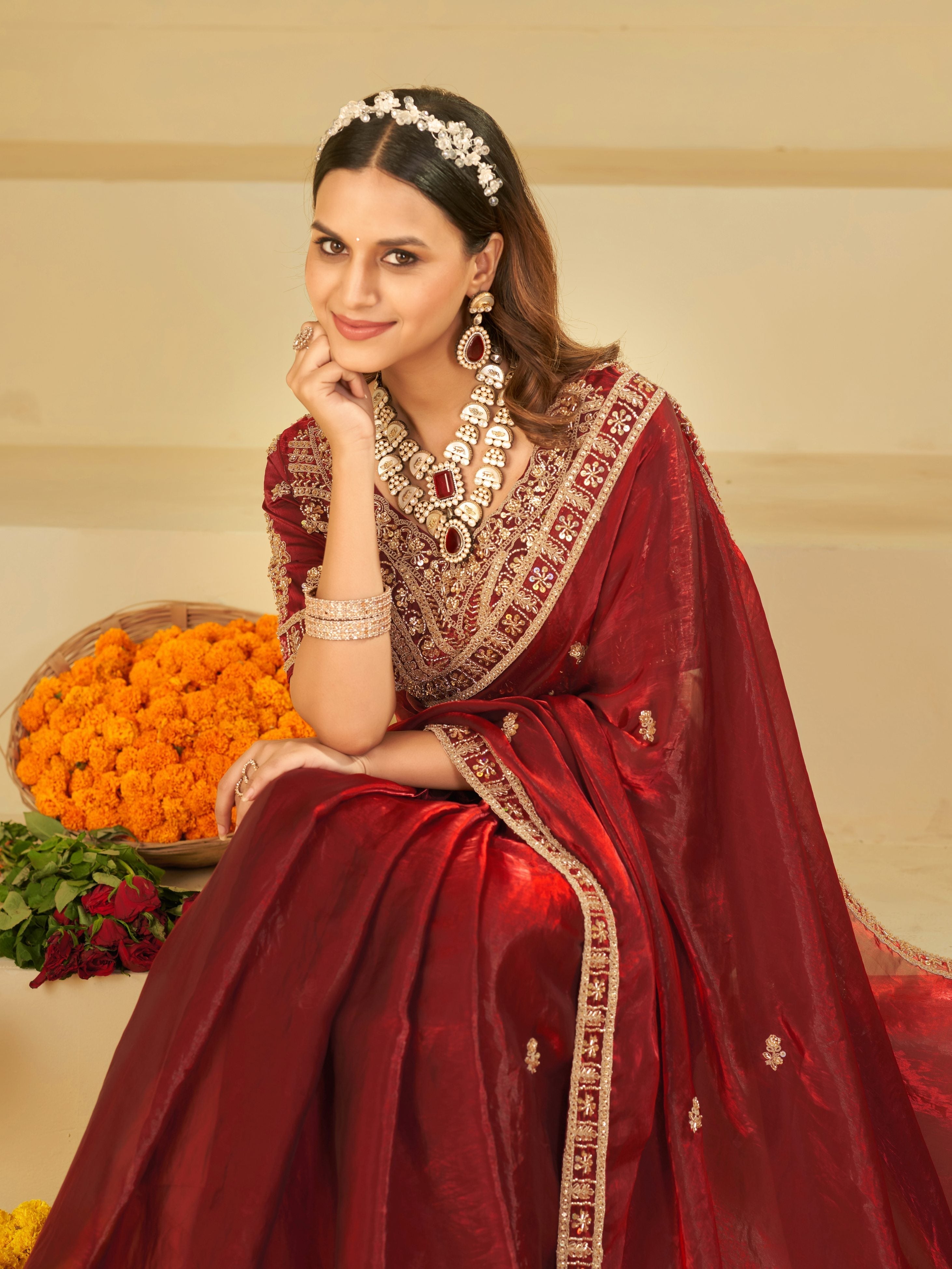 Wine Red Designer Fendy Satin Saree with Heavy Embroidered Blouse & Zari Border | Premium Wedding & Festive Wear Saree