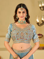 Sky Blue Designer Fendy Satin Saree with Heavy Embroidered Blouse & Stone Work Border | Premium Wedding Party Wear Saree