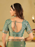 Sage Green Dual Tone Designer Fendy Satin Saree with Heavy Embroidered Blouse & Sequin Border | Premium Wedding Party Wear Saree