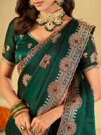 Emerald Green Designer Fendy Satin Saree with Heavy Embroidered Border | Premium Festive Party Wear Saree with Elegant Floral Embroidery & Matching Blouse
