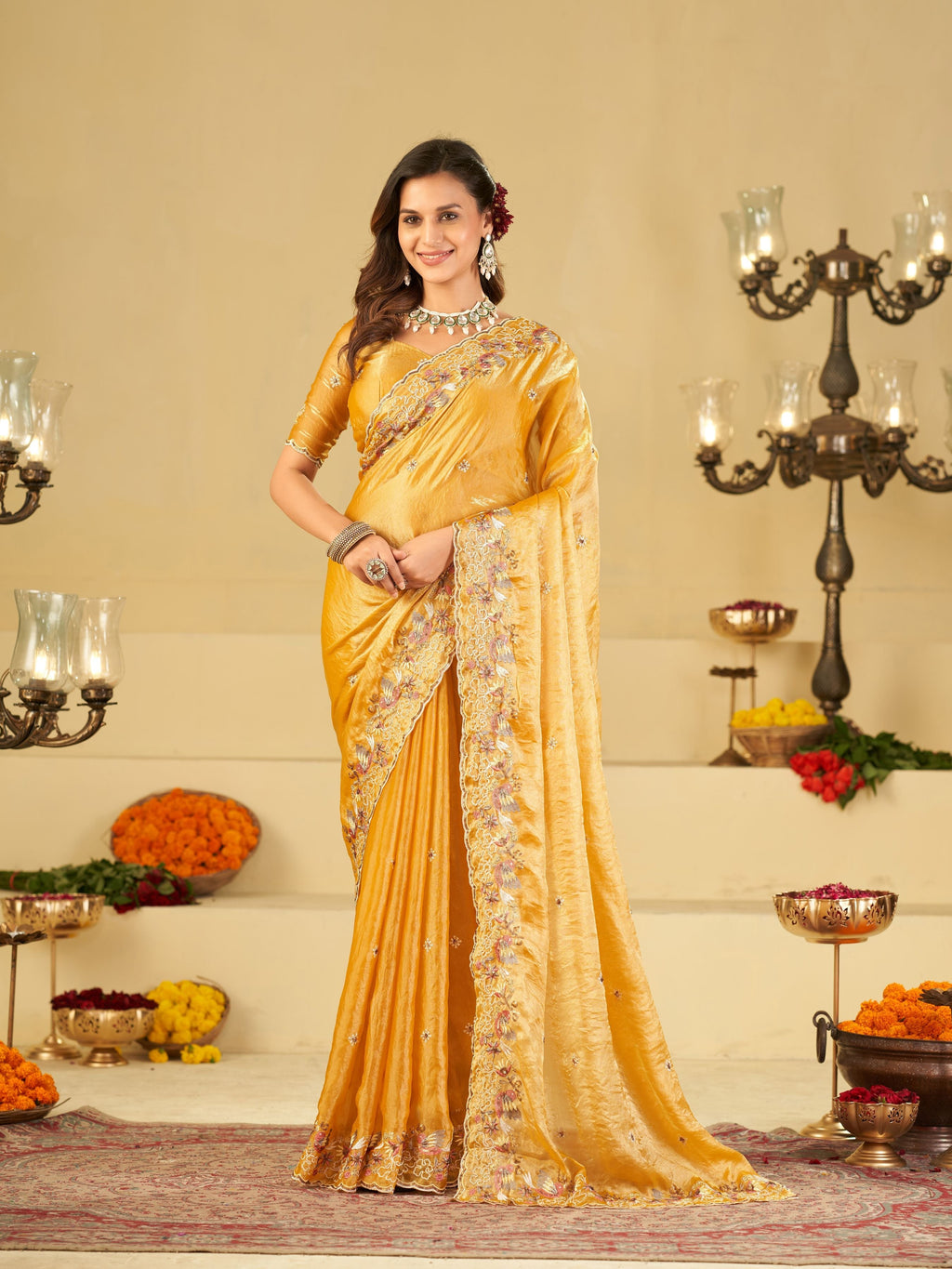 Mustard Yellow Fendy Satin Saree with Multicolor Floral Embroidery Border | Elegant Designer Party Wear Saree with Blouse