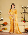 Mustard Yellow Fendy Satin Saree with Multicolor Floral Embroidery Border | Elegant Designer Party Wear Saree with Blouse