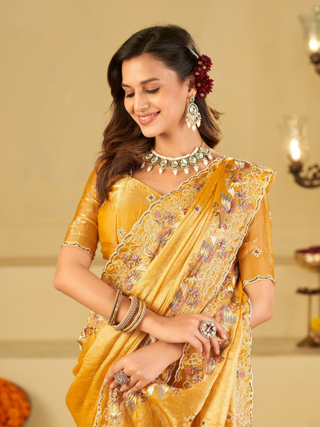 Mustard Yellow Fendy Satin Saree with Multicolor Floral Embroidery Border | Elegant Designer Party Wear Saree with Blouse