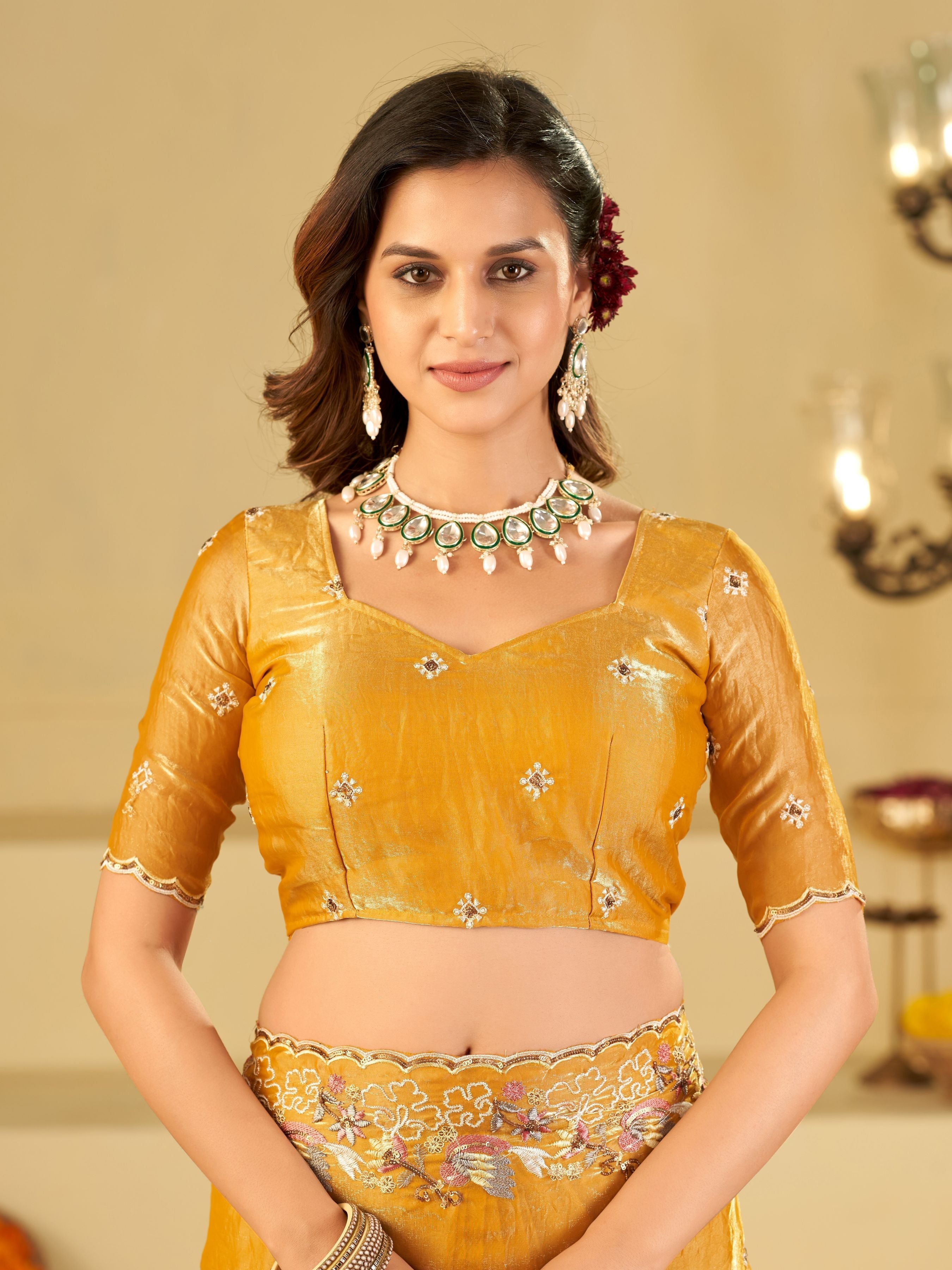 Mustard Yellow Fendy Satin Saree with Multicolor Floral Embroidery Border | Elegant Designer Party Wear Saree with Blouse
