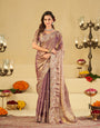 Lavender Gold Fendy Satin Saree with Multicolor Floral Embroidery Border | Elegant Designer Party Wear Saree with Blouse