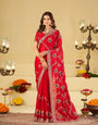 Ruby Red Designer Fendy Satin Saree with Floral Embroidery Work | Premium Wedding & Party Wear Embroidered Saree with Blouse