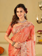 Peach Pink Fendy Satin Saree with Multicolor Floral Embroidery Border | Elegant Designer Party Wear Saree with Blouse