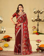 Wine Red Designer Fendy Satin Saree with Floral Embroidery Work | Premium Party Wear Embroidered Saree with Blouse