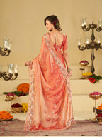 Peach Pink Fendy Satin Saree with Multicolor Floral Embroidery Border | Elegant Designer Party Wear Saree with Blouse