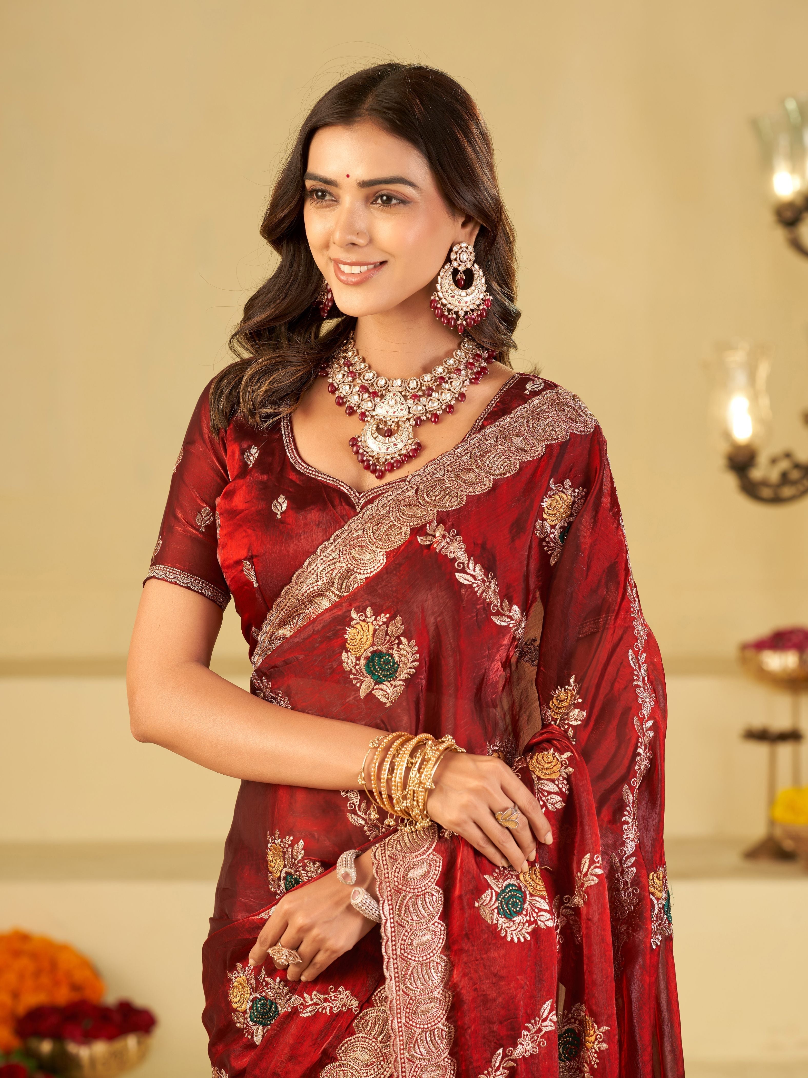 Wine Red Designer Fendy Satin Saree with Floral Embroidery Work | Premium Party Wear Embroidered Saree with Blouse