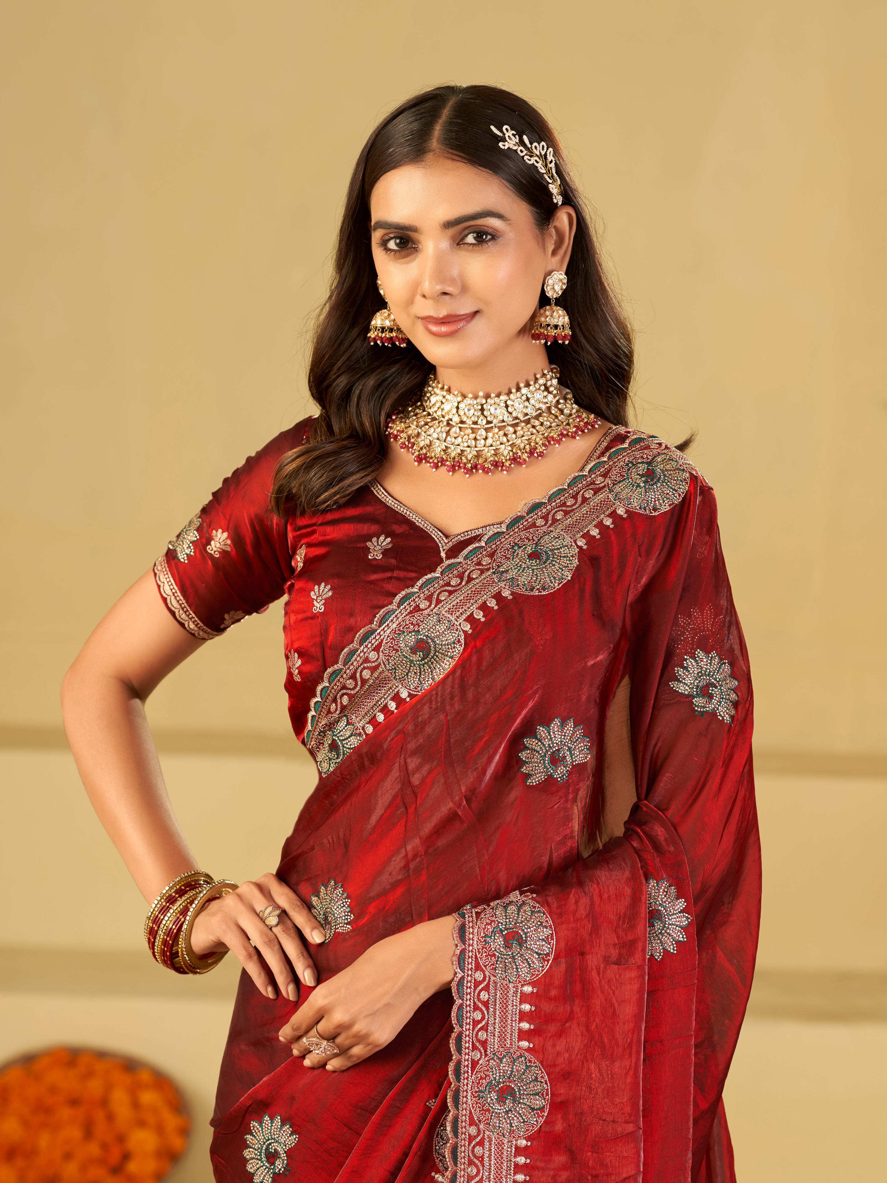 Ruby Red Designer Fendy Satin Saree with Heavy Embroidered Border | Premium Festive Party Wear Saree with Elegant Floral Embroidery & Matching Blouse