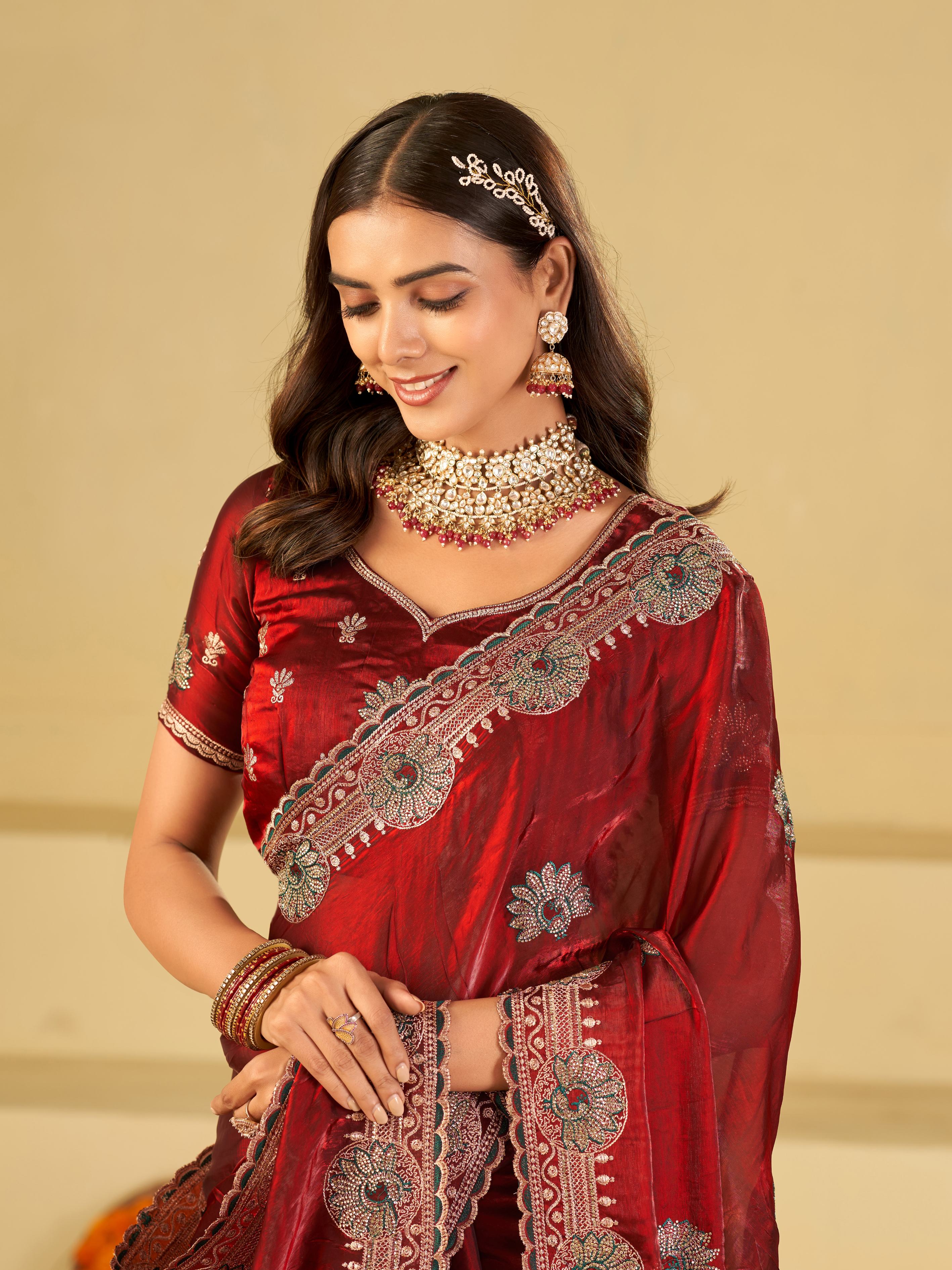 Ruby Red Designer Fendy Satin Saree with Heavy Embroidered Border | Premium Festive Party Wear Saree with Elegant Floral Embroidery & Matching Blouse