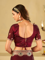 Wine Maroon Designer Fendy Satin Saree with Heavy Embroidered Border | Elegant Party Wear Festive Saree with Floral Embroidery & Matching Blouse