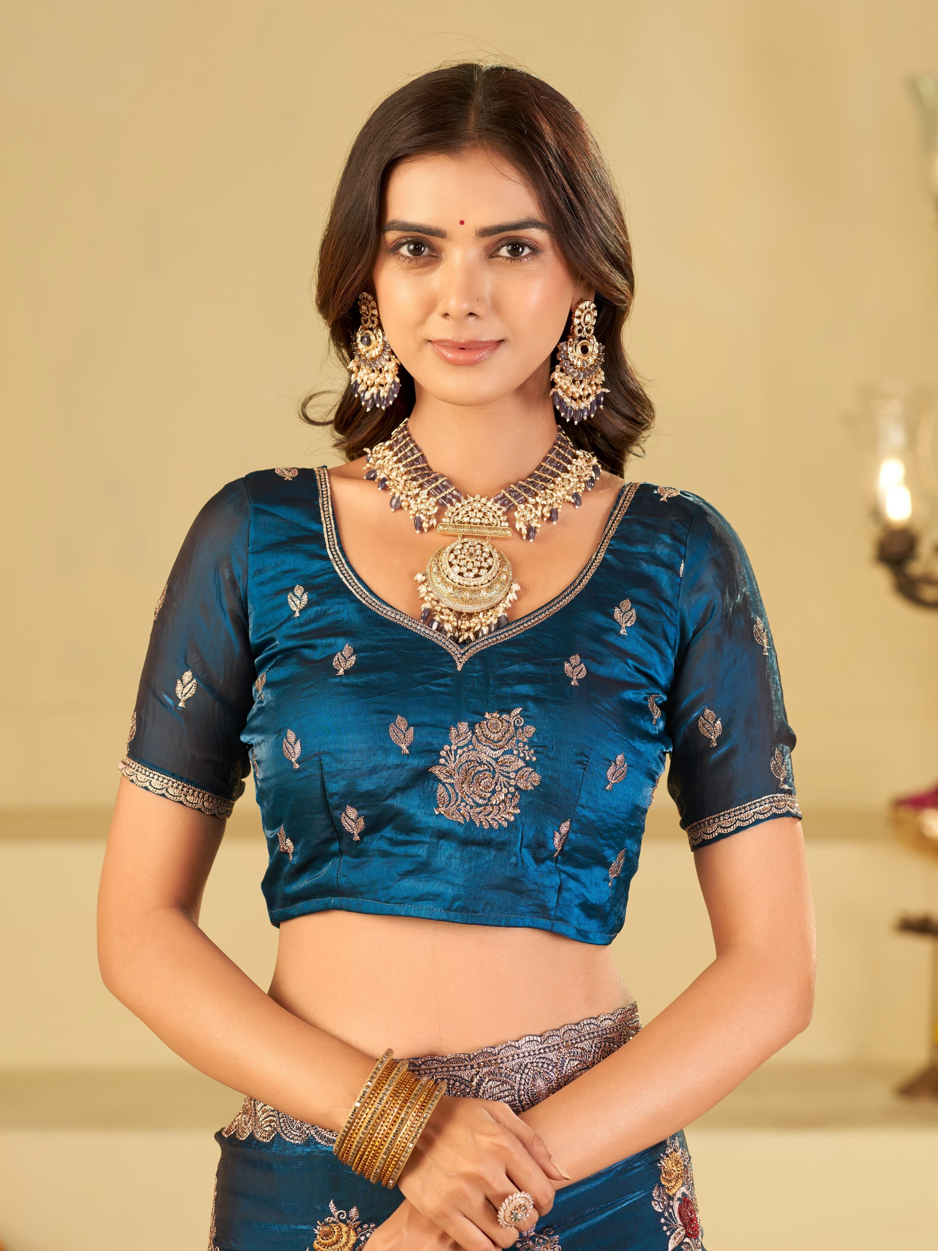 Teal Blue Designer Fendy Satin Saree with Floral Embroidery Work | Premium Party Wear Embroidered Saree with Blouse