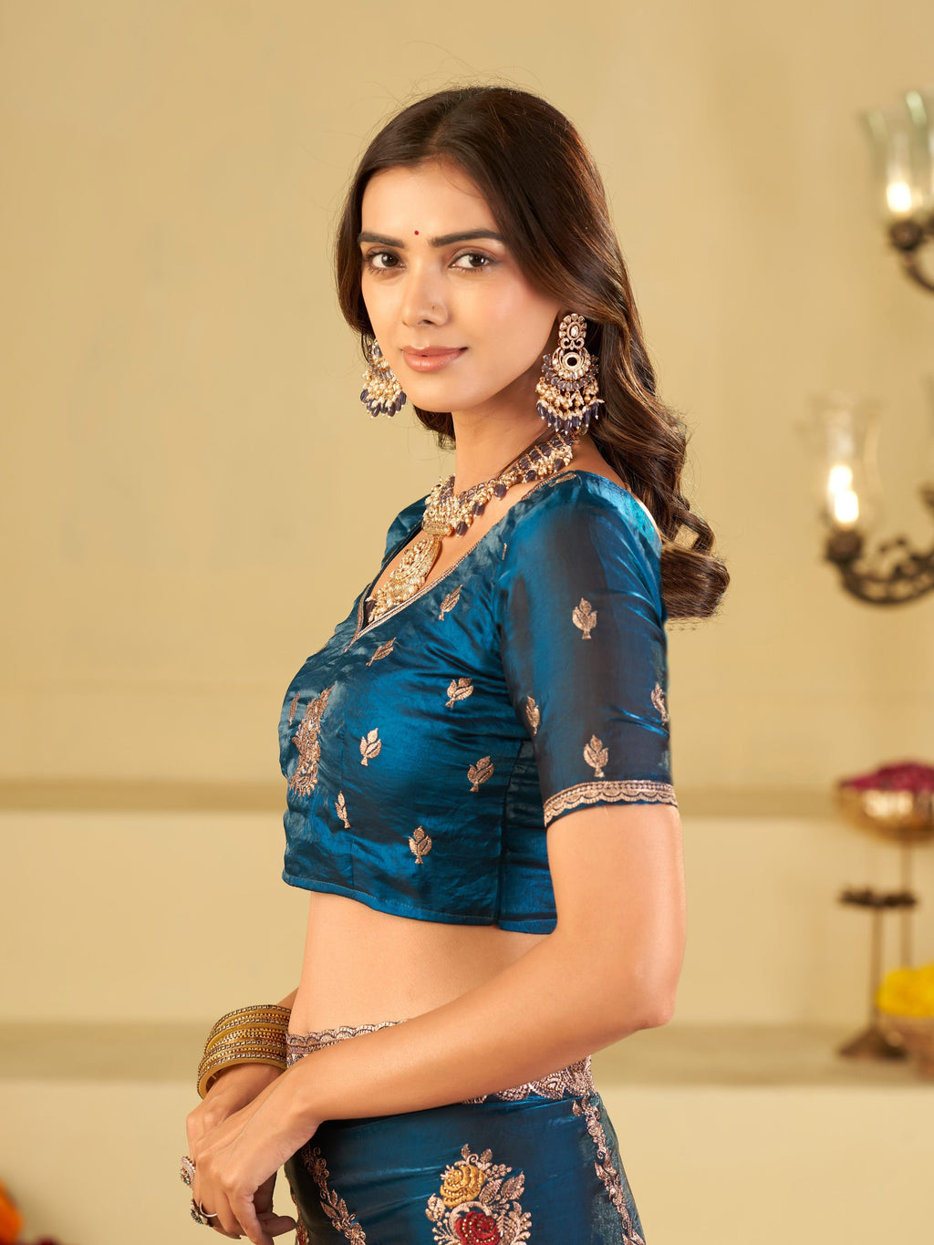 Teal Blue Designer Fendy Satin Saree with Floral Embroidery Work | Premium Party Wear Embroidered Saree with Blouse