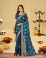 Teal Blue Designer Fendy Satin Saree with Floral Embroidery Work | Premium Party Wear Embroidered Saree with Blouse