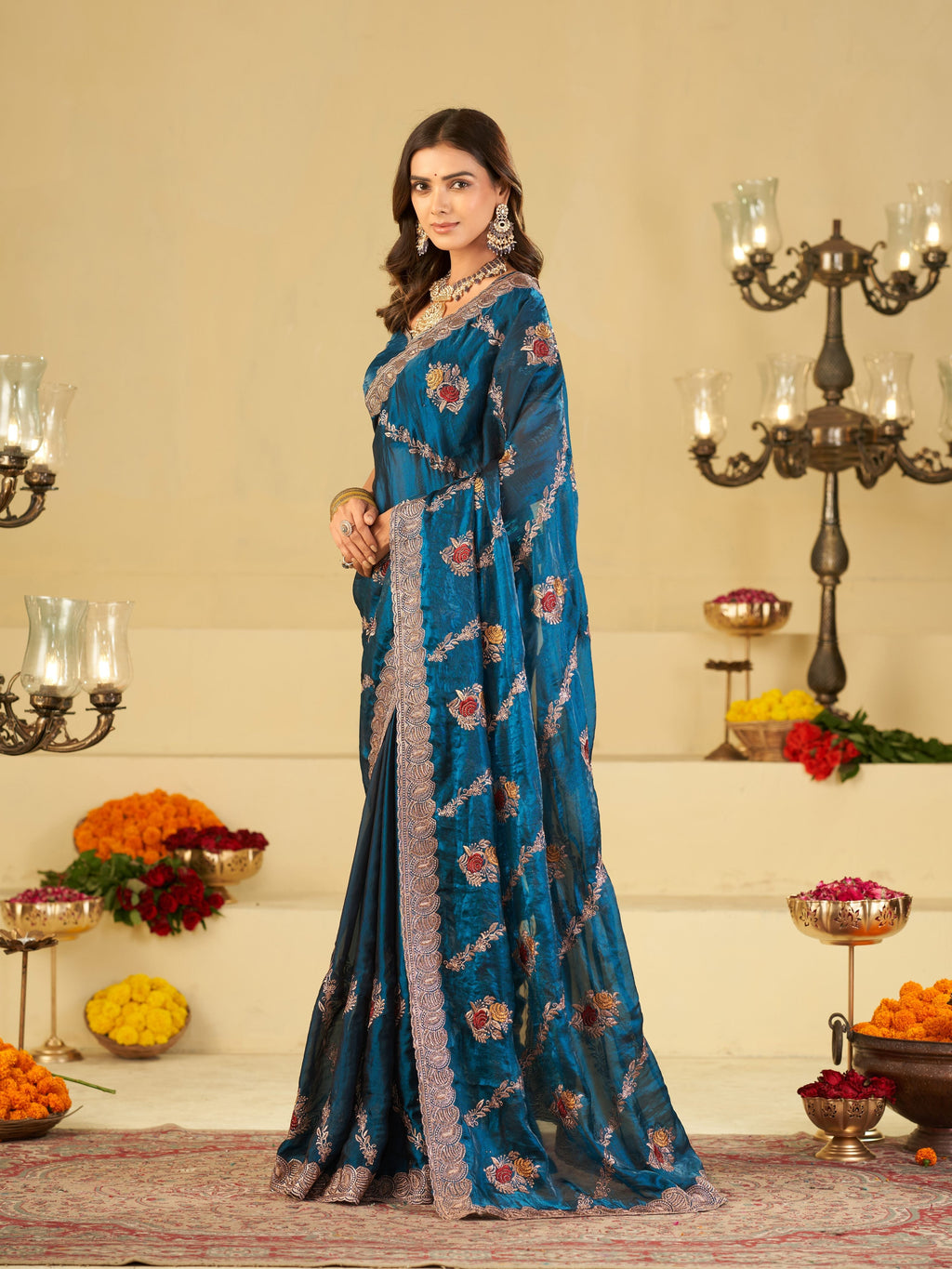 Teal Blue Designer Fendy Satin Saree with Floral Embroidery Work | Premium Party Wear Embroidered Saree with Blouse