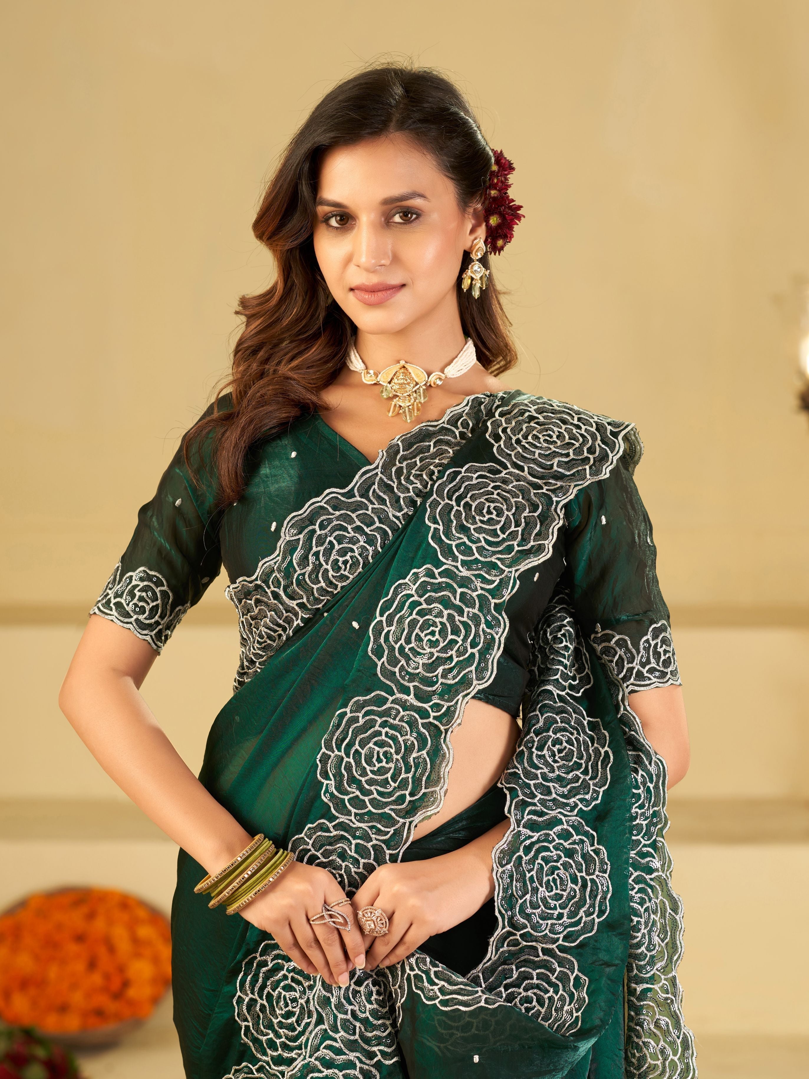 Bottle Green Fendy Satin Saree with White Floral Embroidery Border | Elegant Designer Party Wear Saree with Blouse