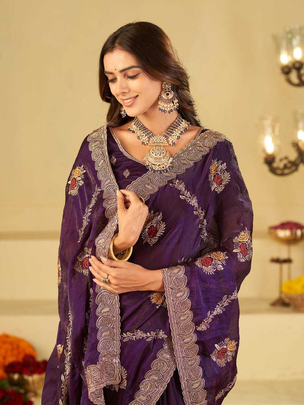 Royal Purple Designer Fendy Satin Saree with Floral Embroidery Work | Premium Party Wear Embroidered Saree with Blouse