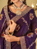 Royal Purple Designer Fendy Satin Saree with Floral Embroidery Work | Premium Party Wear Embroidered Saree with Blouse