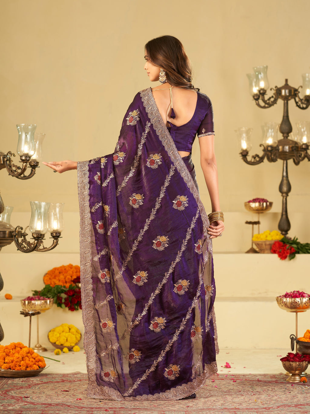 Royal Purple Designer Fendy Satin Saree with Floral Embroidery Work | Premium Party Wear Embroidered Saree with Blouse
