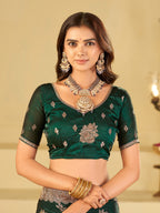 Emerald Green Designer Fendy Satin Saree with Floral Embroidery Work | Premium Party Wear Embroidered Saree with Blouse