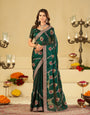 Emerald Green Designer Fendy Satin Saree with Floral Embroidery Work | Premium Party Wear Embroidered Saree with Blouse
