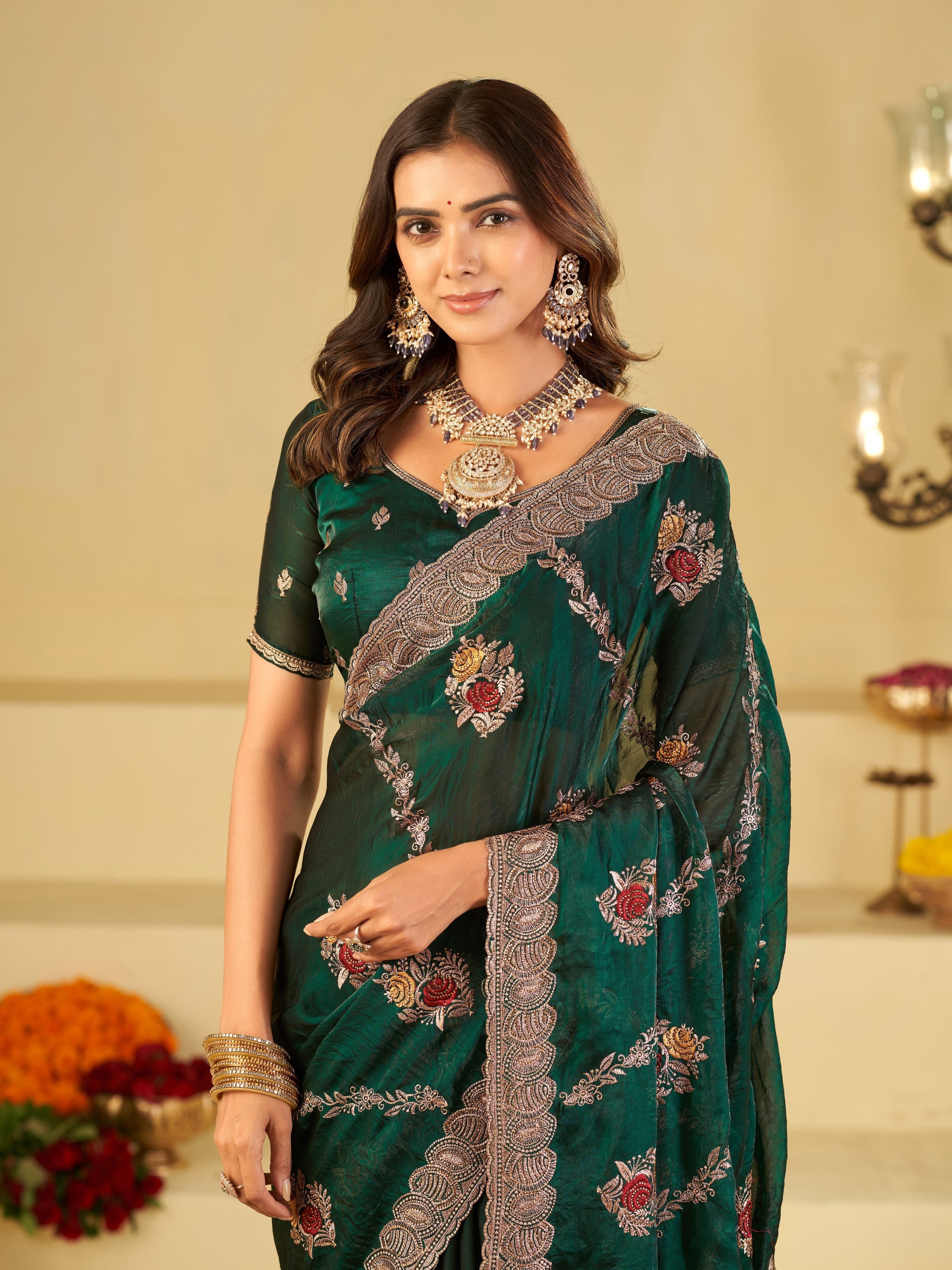 Emerald Green Designer Fendy Satin Saree with Floral Embroidery Work | Premium Party Wear Embroidered Saree with Blouse