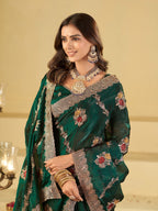 Emerald Green Designer Fendy Satin Saree with Floral Embroidery Work | Premium Party Wear Embroidered Saree with Blouse