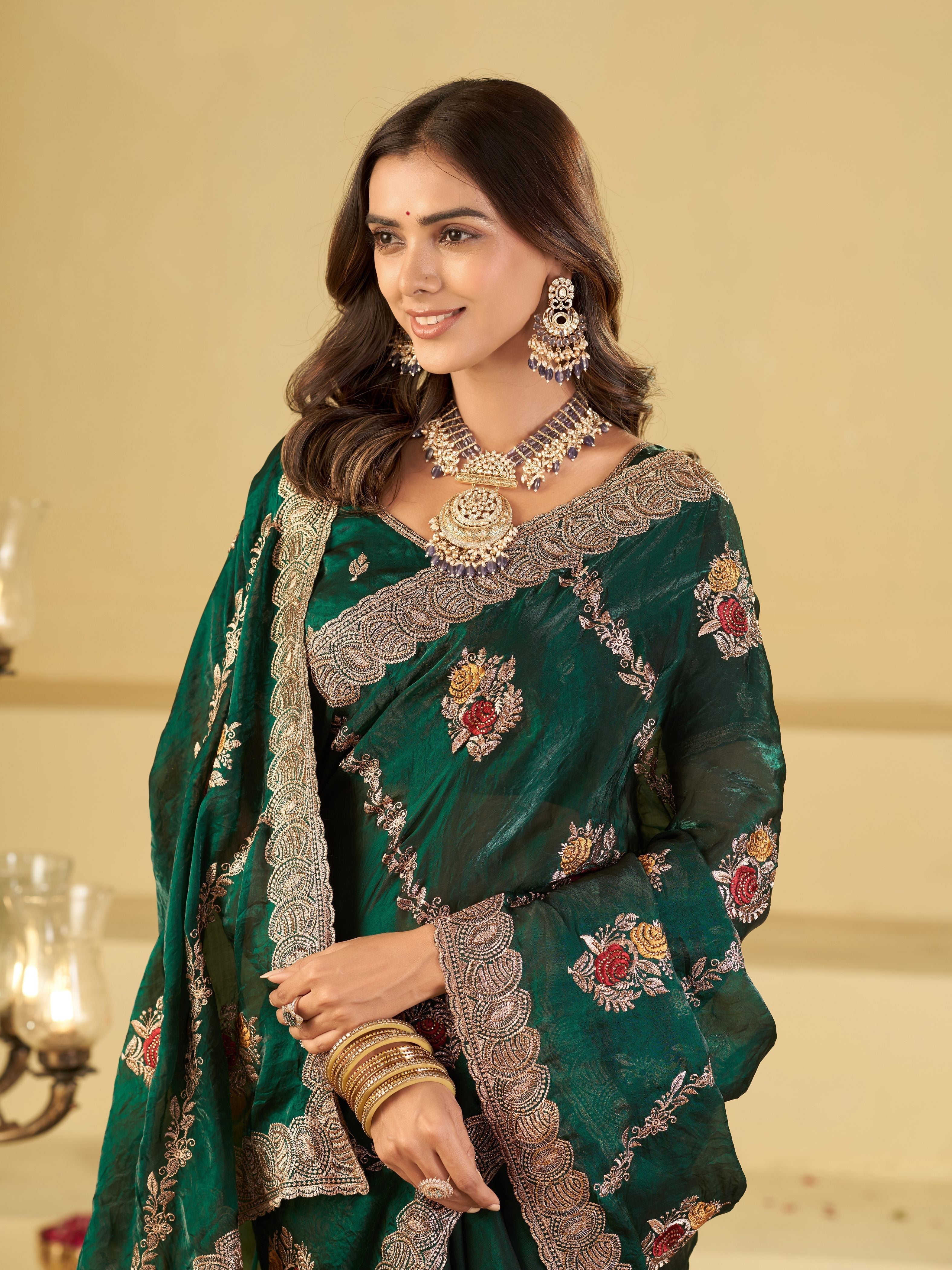 Emerald Green Designer Fendy Satin Saree with Floral Embroidery Work | Premium Party Wear Embroidered Saree with Blouse