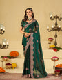 Emerald Green Designer Fendy Satin Saree with Heavy Embroidered Border | Premium Festive Party Wear Saree with Elegant Floral Embroidery & Matching Blouse