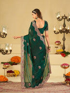 Emerald Green Designer Fendy Satin Saree with Heavy Embroidered Border | Premium Festive Party Wear Saree with Elegant Floral Embroidery & Matching Blouse