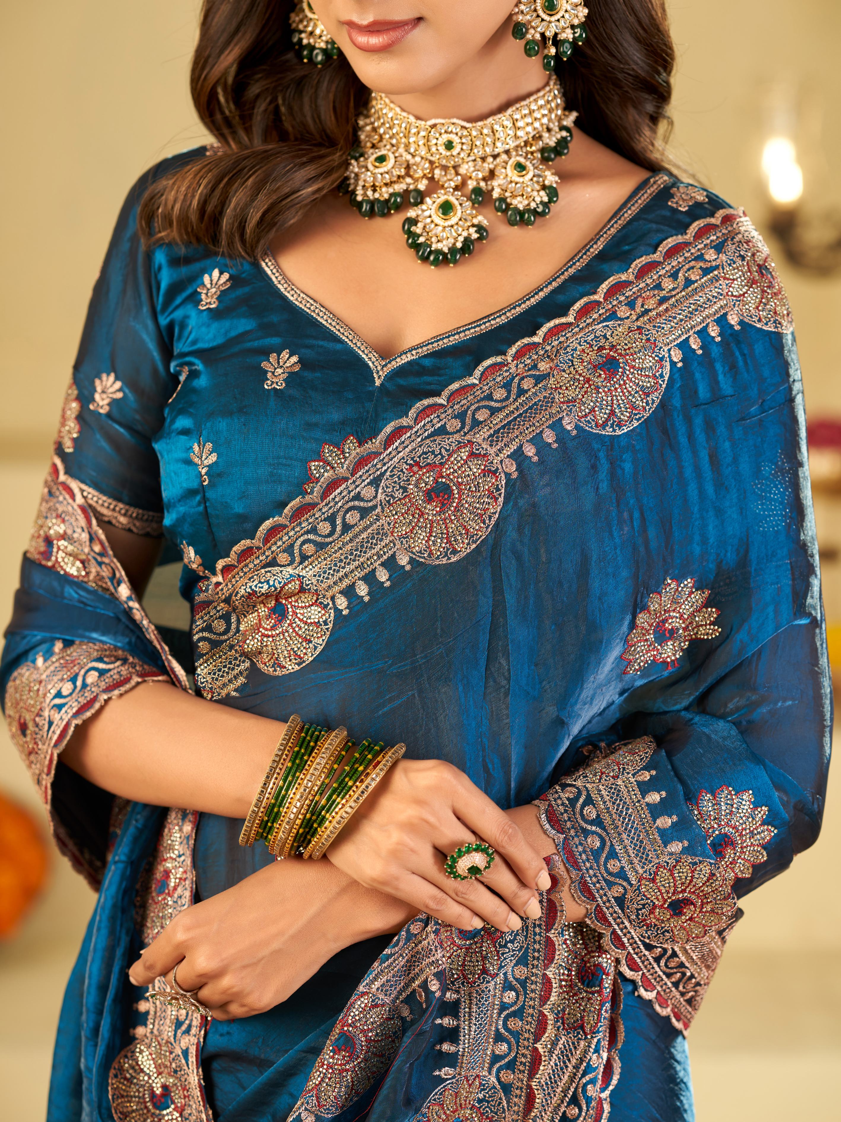Royal Blue Designer Fendy Satin Saree with Heavy Embroidered Border | Premium Festive Party Wear Saree with Elegant Floral Embroidery & Matching Blouse