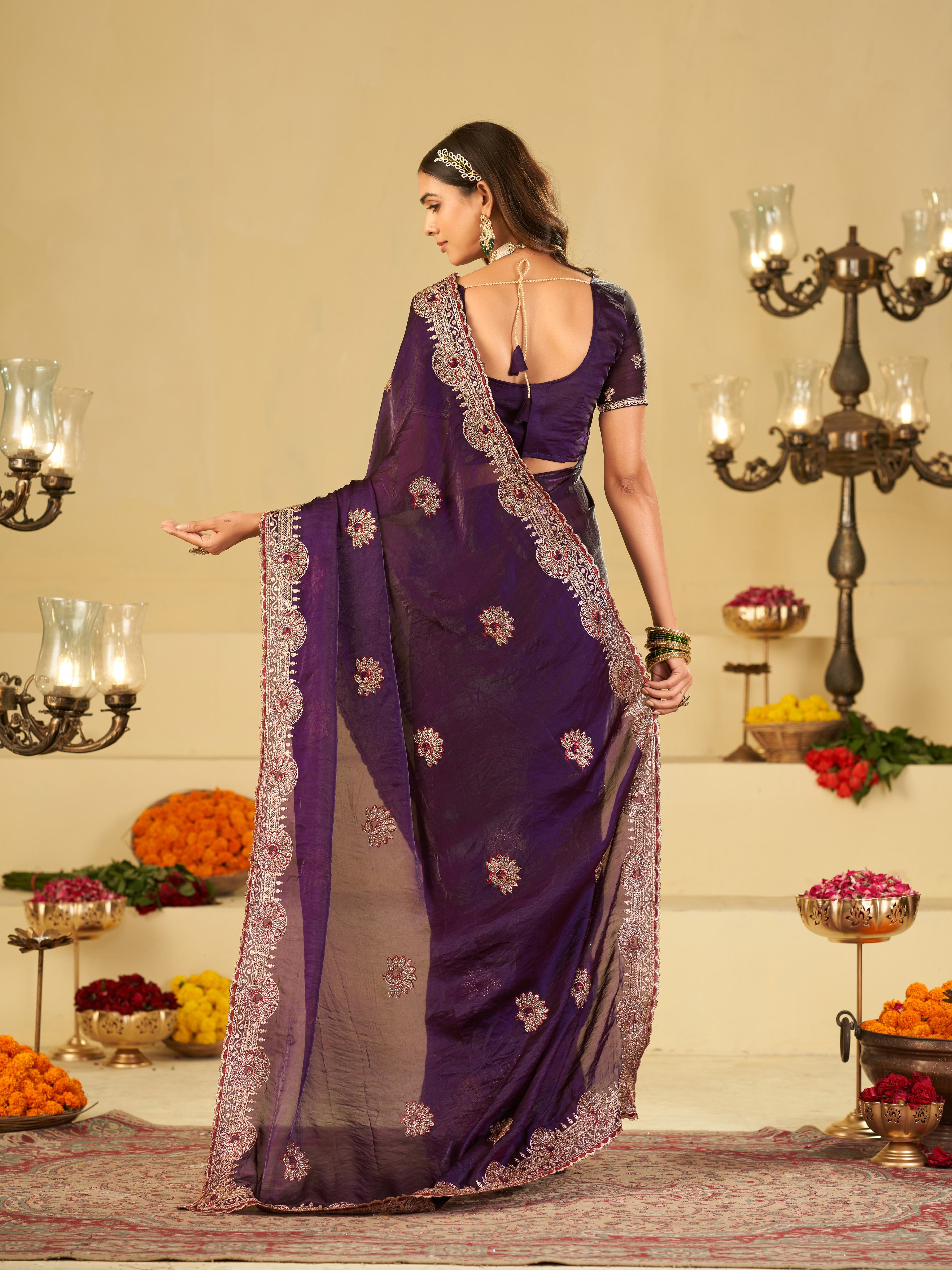 Royal Purple Designer Fendy Satin Saree with Heavy Embroidered Border | Premium Festive Party Wear Saree with Elegant Floral Embroidery & Matching Blouse