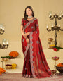 Ruby Red Designer Fendy Satin Saree with Heavy Embroidered Border | Premium Festive Party Wear Saree with Elegant Floral Embroidery & Matching Blouse