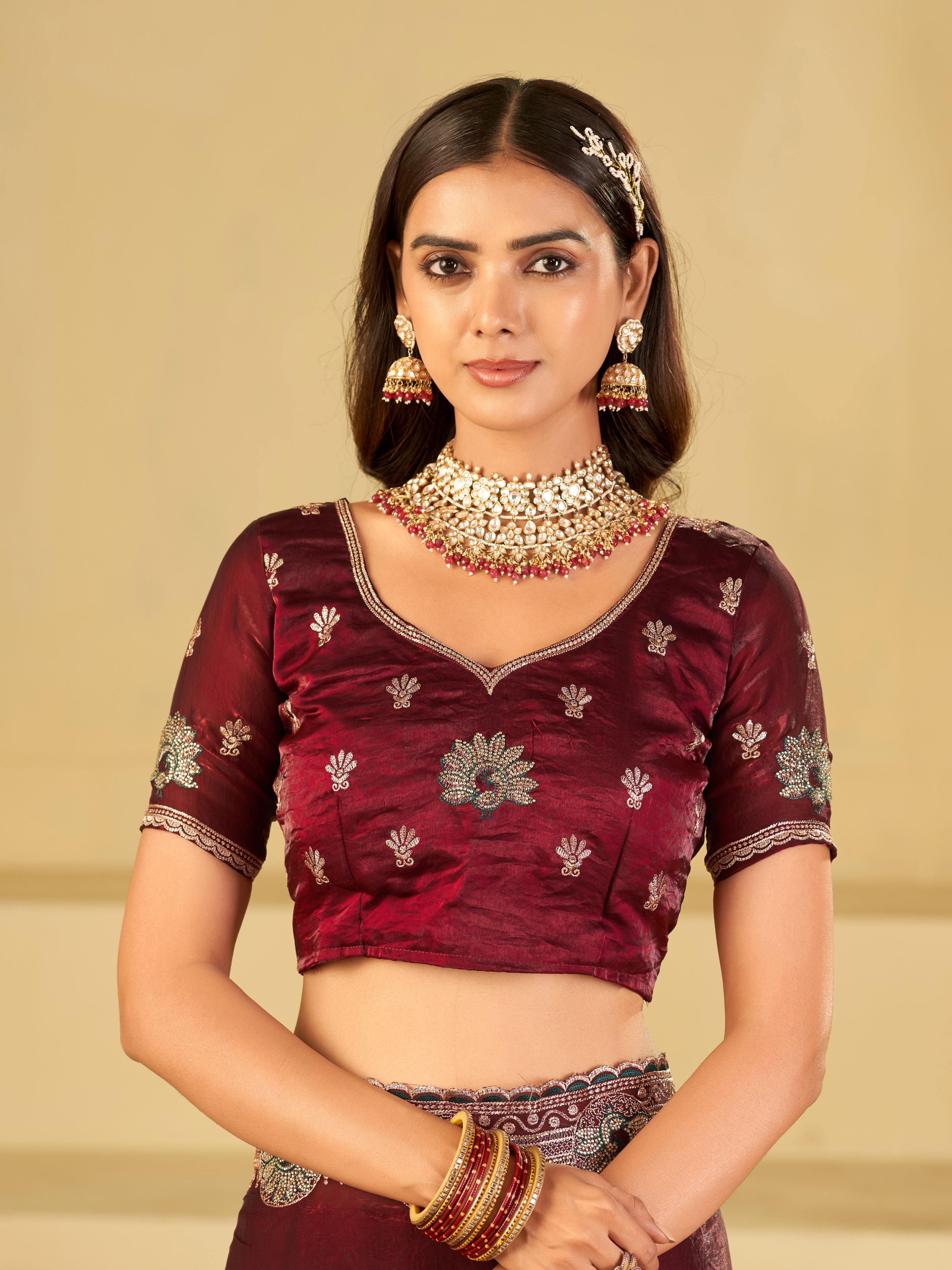 Wine Maroon Designer Fendy Satin Saree with Heavy Embroidered Border | Elegant Party Wear Festive Saree with Floral Embroidery & Matching Blouse