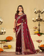 Wine Maroon Designer Fendy Satin Saree with Heavy Embroidered Border | Elegant Party Wear Festive Saree with Floral Embroidery & Matching Blouse