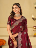 Wine Maroon Designer Fendy Satin Saree with Heavy Embroidered Border | Elegant Party Wear Festive Saree with Floral Embroidery & Matching Blouse