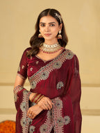 Wine Maroon Designer Fendy Satin Saree with Heavy Embroidered Border | Elegant Party Wear Festive Saree with Floral Embroidery & Matching Blouse