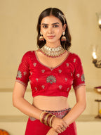 Rani Pink Designer Fendy Satin Saree with Heavy Embroidered Border | Elegant Festive Party Wear Saree with Floral Embroidery & Matching Blouse