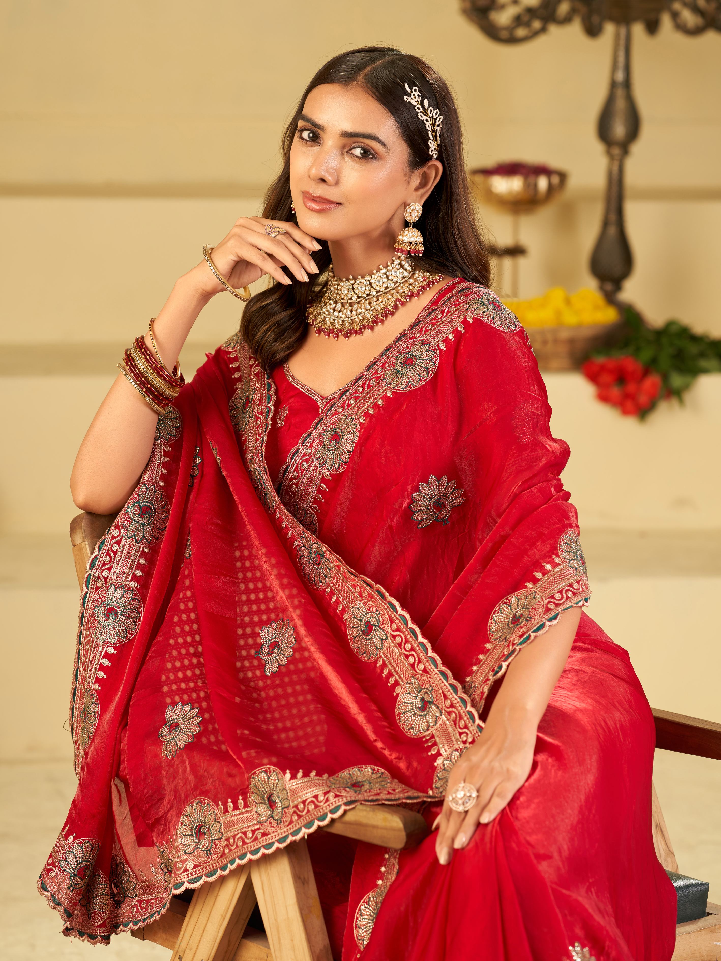 Rani Pink Designer Fendy Satin Saree with Heavy Embroidered Border | Elegant Festive Party Wear Saree with Floral Embroidery & Matching Blouse