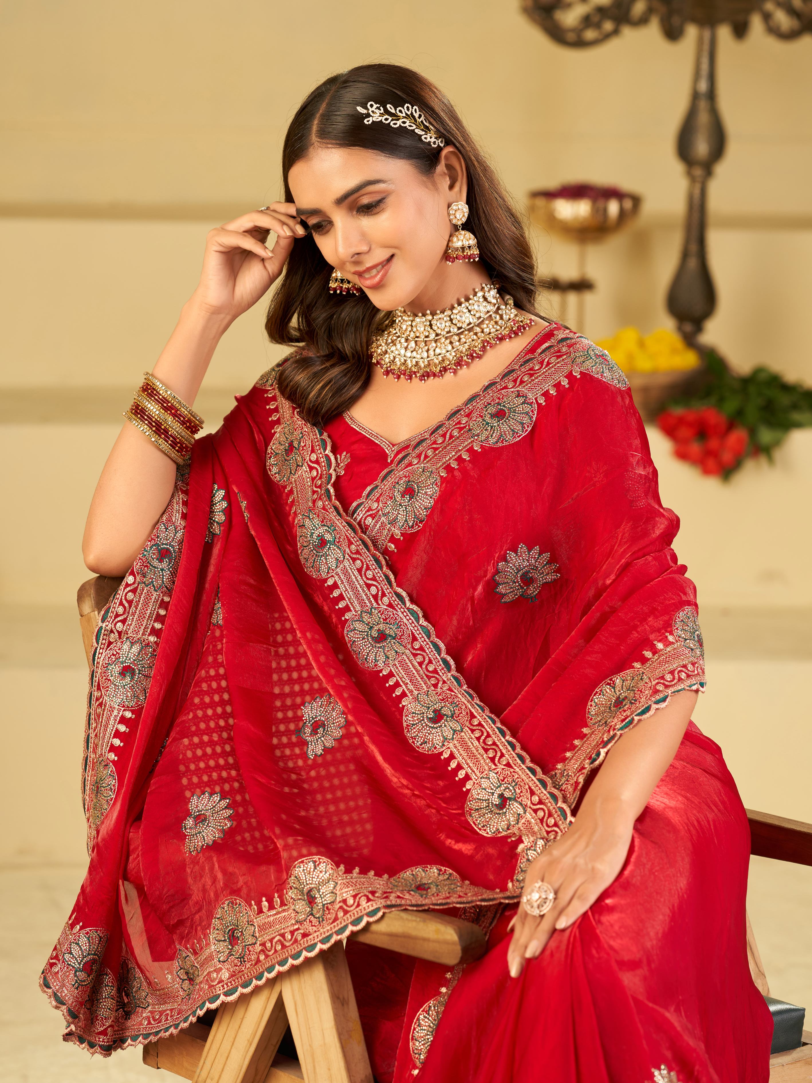 Rani Pink Designer Fendy Satin Saree with Heavy Embroidered Border | Elegant Festive Party Wear Saree with Floral Embroidery & Matching Blouse