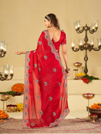Rani Pink Designer Fendy Satin Saree with Heavy Embroidered Border | Elegant Festive Party Wear Saree with Floral Embroidery & Matching Blouse