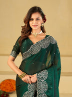 Bottle Green Fendy Satin Saree with White Floral Embroidery Border | Elegant Designer Party Wear Saree with Blouse