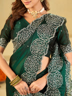 Bottle Green Fendy Satin Saree with White Floral Embroidery Border | Elegant Designer Party Wear Saree with Blouse